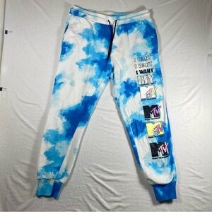 MTV Tie Dye Sweatpants Blue White XL Elastic Waist Drawstring Joggers Cotton